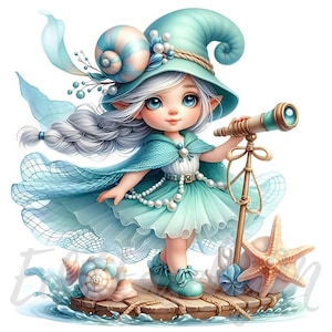 Gnomo de Coraline Drift (10 imágenes JPEG de alta calidad de 300 DPI) para uso comercial. Decoración veraniega de fantasía costera kawaii con chica del océano.