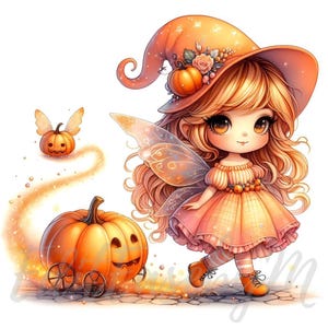 Puede incluir: Un hada de dibujos animados con cabello naranja y un sombrero de bruja está tirando de una calabaza sobre ruedas con un rastro de polvo brillante detrás de ella.