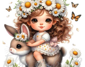 Bunny Friend Gnome Clipart | 10 High-Quality 300 DPI JPEGs Commercial Use Woodland Cute Bunny Fantasy Girl Clipart Flower Decor Junk Journal