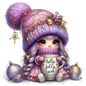 Gnomo navideño morado Clipart / 10 JPEG de alta calidad de 300 DPI para uso comercial Adornos festivos de invierno acogedores Arte de gnomo lindo y caprichoso
