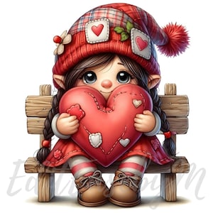 Clipart di gnomo con cuore / 10 JPEG di alta qualità a 300 DPI per uso commerciale, clip art di ragazza carina e stravagante, decorazione a tema romantico di San Valentino