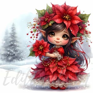 Puede incluir: Ilustración caprichosa de un elfo navideño en un paisaje nevado. El elfo viste un vestido rojo hecho de pétalos de flor de pascua y una corona floral a juego. El elfo tiene pelo largo y oscuro, orejas puntiagudas y sostiene una flor de pascua. El fondo presenta un bosque nevado.