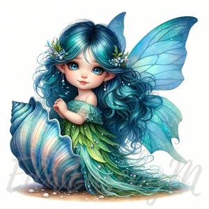 Clipart di fata della melodia delle maree / 10 JPEG di alta qualità a 300 DPI per uso commerciale. Fantasia di mare estivo con ragazza carina blu oceano. Decorazione per spiaggia.