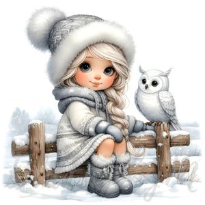 Gufo delle nevi custode gnomo Clipart / 10 JPEG di alta qualità a 300 DPI per uso commerciale Natale Vacanze Inverno Meraviglie Tema Acquerello Clipart