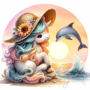 Delphin Strand Einhorn Clipart | 10 hochwertige 300 DPI JPEGs Kommerzielle Nutzung Wunderliche Ozean Fantasie Süßes Baby Einhorn Kawaii Sommer Dekor