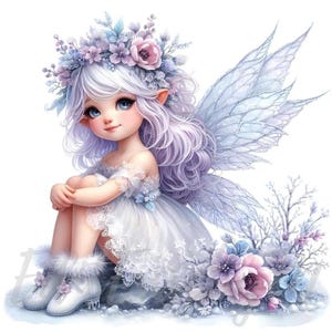 Clipart fée fleur givre | 10 fichiers JPEG 300 ppp de haute qualité à usage commercial, fleur de Noël au pays des merveilles de l'hiver, clipart fantastique de fée mignonne