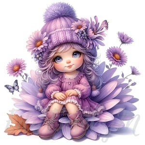 Clipart Aster Bloom kabouter | 10 hoogwaardige 300 dpi jpeg's commercieel gebruik paarse asterbloem grillige geboortemaand september bloem clipart