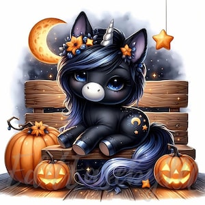 Clipe de unicórnio estrelado de Halloween | 10 JPEGs de alta qualidade com 300 DPI para uso comercial, unicórnio bebê fofo e extravagante, decoração de outono e fantasia kawaii