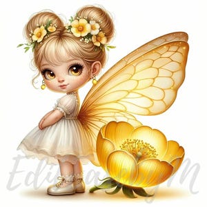Clipart de hada con linterna de botón de oro / 10 JPEG de alta calidad de 300 DPI para uso comercial, lindas y caprichosas imágenes prediseñadas de niña de flores amarillas, decoración de primavera