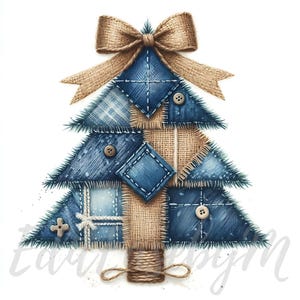 Pode incluir: Uma árvore de Natal artesanal feita de retalhos de ganga e serapilheira. A árvore é adornada com botões de madeira e um laço de serapilheira no topo. O tronco é enrolado com barbante, criando uma decoração de férias rústica.