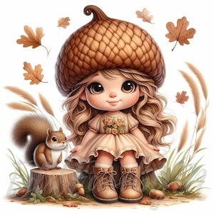Acorn Woodland Gnome Clipart | 10 High-Quality 300 DPI JPG Commercial Use Whimsical Cute Girl Fall Autumn Squirrel Forest Junk Journal Decor