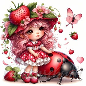 Gnomo de Sunnyberry (10 imágenes JPEG de alta calidad de 300 DPI) para uso comercial, fresa caprichosa, linda niña, fruta de verano, bayas, decoración primaveral