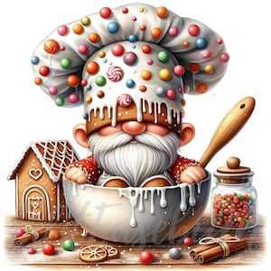 May include: A whimsical illustration of a gnome chef in a white bowl, wearing a chef's hat adorned with colorful candies. A gingerbread house and a jar of candies are nearby. Cinnamon sticks and candies are scattered on the wooden surface.