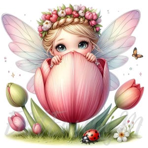 Tulp Sprite Fairy Clipart | 10 hoogwaardige 300 dpi jpeg's commercieel gebruik grillig schattig meisje illustraties betoverend roze lente bloemendecor