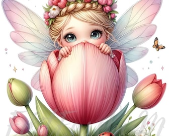 May include: A fairy with blonde hair and blue eyes peeks out from a pink tulip. She is wearing a flower crown and has delicate wings. A ladybug and a butterfly are also in the image.