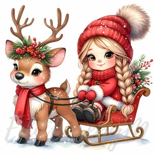 Clipart di gnomi amici renne / 10 JPEG di alta qualità a 300 DPI per uso commerciale, decorazioni invernali per le vacanze di Natale, acquerello, clipart