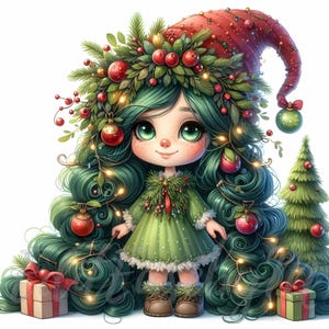 Clipart de gnomo con corona de fantasía / 10 JPEG de alta calidad de 300 DPI para uso comercial. Elfo navideño caprichoso, linda niña, decoración festiva de fantasía.