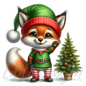 Clipart renard de Noël | 10 fichiers JPEG 300 ppp de haute qualité à usage commercial, pays des merveilles de l'hiver, forêt, bébé elfe mignon, renard, clipart, décoration de vacances