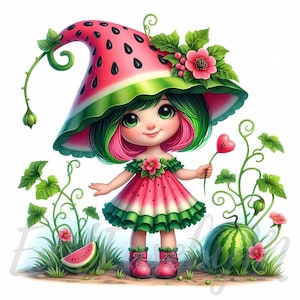 Clipart de gnomo melón / 10 JPEG de alta calidad de 300 DPI para uso comercial, sandía, linda chica, fruta de verano, kawaii, primavera, fantasía, decoración