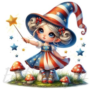 Clipart Gnome patriotique | 10 fichiers JPEG 300 ppp de haute qualité à usage commercial, fantaisiste, jolie fille, 4 juillet, fête de l'indépendance des États-Unis, décoration kawaii