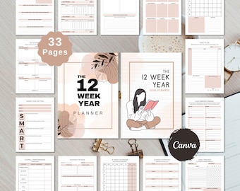 12 Week Year Planner Template | Printable 90 Day Goal Planner SMART Goal Setting Editable 12-Week Year Template Canva Template Task Tracker