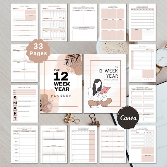 12 Week Year Planner Template | Printable 90 Day Goal Planner SMART Goal Setting Editable 12-Week Year Template Canva Template Task Tracker