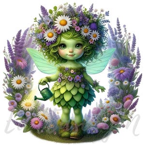 fée muse des prés des cliparts | 10 fichiers JPEG 300 ppp de haute qualité à usage commercial, jardin printanier fantaisiste, clipart fille mignonne, décoration florale fantastique