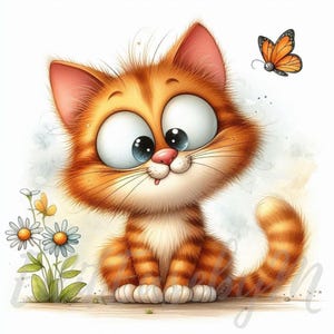 May include: A cartoon illustration of a ginger cat with large blue eyes, a pink nose, and a small tongue sticking out. A butterfly hovers nearby. Daisies and other small flowers are in the foreground. The cat has orange and white striped fur.