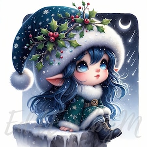 Gnomo de luna y muérdago (10 JPEG de alta calidad de 300 DPI para uso comercial). Gnomo de invierno caprichoso para niña. Decoración navideña mágica para diario basura.