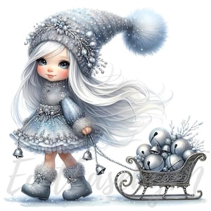 Gnomo de campana escarchada / 10 JPEG de alta calidad de 300 DPI para uso comercial. Gnomo mágico de invierno lindo. Imágenes prediseñadas navideñas plateadas y nevadas.