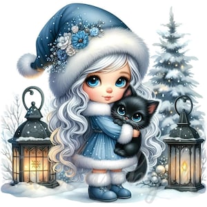 Winterwichtel mit Nachtkatze Clipart | 10 hochwertige 300 DPI JPEGs Kommerzielle Nutzung Magische Weihnachten Süßes Mädchen Fantasie Schwarzes Kätzchen Clip Art
