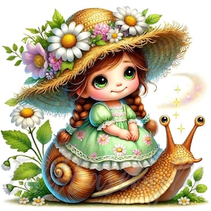 Clipart de nain de prairie de fleurs | 10 fichiers JPEG 300 ppp de haute qualité à usage commercial, floral fantaisiste, jolie fille, décoration printanière de jardin enchanté kawaii