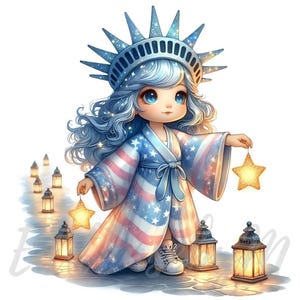 Clipart de gnomo de lanterna da liberdade | 10 JPEGs de alta qualidade com 300 DPI para uso comercial, decoração festiva digital patriótica de 4 de julho, para garotas fofas e excêntricas