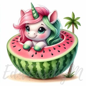 Clipart unicorno brezza anguria / 10 JPG di alta qualità a 300 DPI per uso commerciale, frutta estiva rinfrescante e stravagante, clip art di unicorno carino