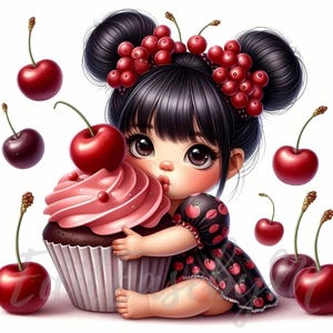 Gnomo de cereza Clipart / 10 JPG de alta calidad de 300 DPI para uso comercial, caprichoso, lindo, kawaii, postre dulce, fantasía, fruta, diario basura, decoración