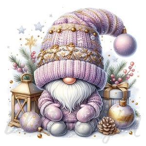 Gnomo de Natal Roxo | 10 JPEGs de 300 DPI de alta qualidade para uso comercial Gnomo fofo extravagante Decoração festiva de inverno Clip Art em aquarela