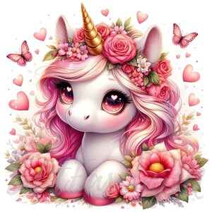 Valentijn eenhoorn clipart | 10 hoogwaardige 300 dpi jpeg's commercieel gebruik grillige schattige baby eenhoorn clip art romantische lentebloem decor