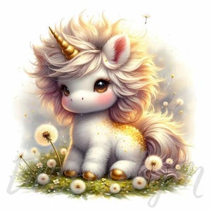 Clipart de unicórnio de sopro de pólen | 10 JPEGs de alta qualidade de 300 DPI para uso comercial, decoração de fantasia de unicórnio fofo e extravagante de primavera Kawaii