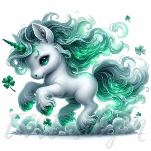 Clipart Murmure trèfle mystique | 10 fichiers JPEG 300 ppp de haute qualité à usage commercial Art déco clipart licorne mignon bébé fantastique Saint-Patrick