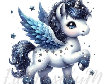 May include: A white unicorn with blue wings and a blue horn. The unicorn has a black mane and tail and is covered in silver glitter stars.