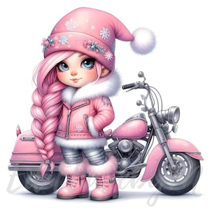 Clipart di gnomo motociclista / 10 JPEG di alta qualità a 300 DPI per uso commerciale, gnomo motociclista rosa, Natale, adorabile, festa invernale, diario spazzatura