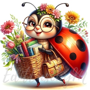 Marienkäfer Bibliothekarin Clipart | 10 hochwertige 300 dpi JPEGs Kommerzielle Nutzung Skurril niedlich Lese Käfer Buch Liebhaber Clip Art Kawaii Frühling Dekor