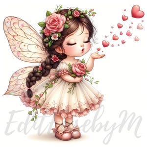 Clipart de hada soñadora con capullos de rosa / 10 JPEG de alta calidad de 300 DPI para uso comercial, imágenes prediseñadas de niña encantadora con flores, decoración de fantasía de San Valentín