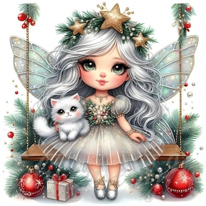 Weihnachtsbaum-Fee mit Katze Clipart |  10 hochwertige 300 DPI JPEGs Kommerzielle Nutzung Magische Winter Fantasie Süßes Mädchen Clip Art Süßes Kätzchen