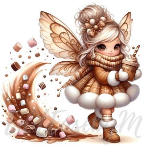 Clipart fée feuilletée cacao | 10 fichiers JPEG 300 ppp de haute qualité, usage commercial, Noël, jolie fille, clipart, hiver, confortable, festif, vacances, décoration
