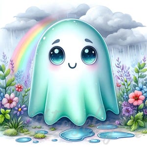 Clipart di fantasmi di un giorno di pioggia / 10 JPEG di alta qualità a 300 DPI per uso commerciale, spirito stravagante, kawaii, fiore, Halloween, fantasy, decorazione per diario