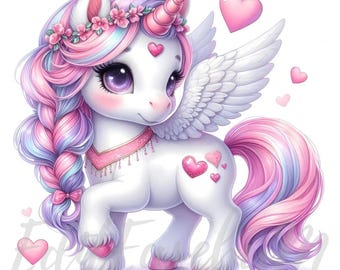 May include: A white unicorn with pink and purple hair, a pink flower crown, and white wings. The unicorn has a pink nose and purple eyes. The unicorn is surrounded by pink hearts.