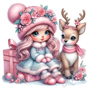 Rentier Freund Clipart | 10 Hochwertige 300 DPI JPEGs Kommerzielle Nutzung Blumen Winter Wald Zwerge Rosa Weihnachten Junk Journal