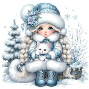 Ijzige kattenvriend kabouter clipart | 10 hoogwaardige 300 dpi jpeg's commercieel gebruik grillige wintervakantie kerst schattig meisje kabouter illustraties