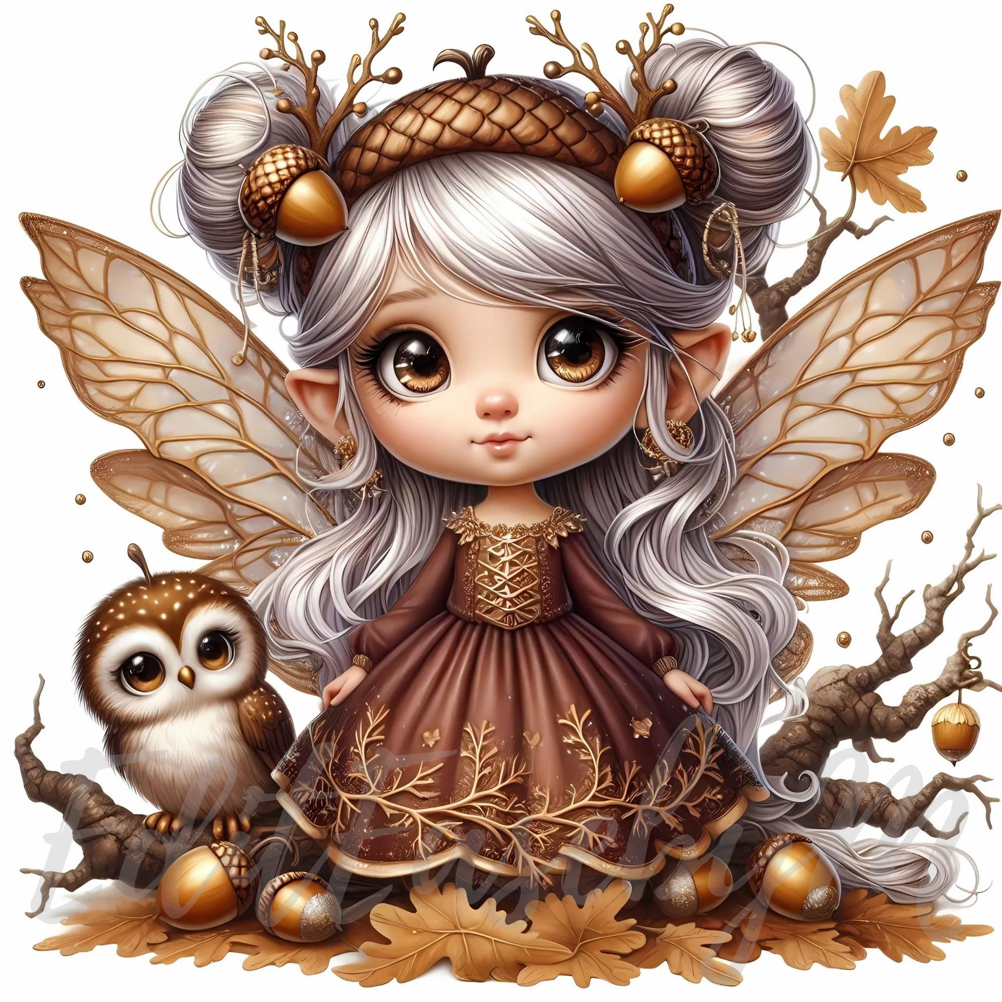 Acorn Owl Keeper Fairy Clipart | 10 High-Quality 300 DPI JPEG Commercial Use Whimsical Cute Fall Aut